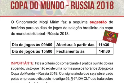 Sincomercio Mogi Mirim orienta empresários sobre dispensa dos empregados nos dias de jogos da Copa do Mundo