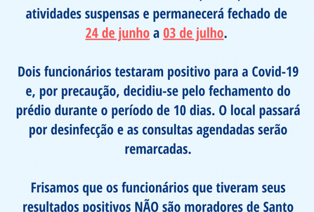 Ambulatório Municipal ficará fechado por 10 dias após funcionários testarem positivo para Covid-19 – Santo Antônio de Posse