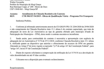 PREFEITURA OFICIA A CÂMARA SOBRE PRAZO DE 45 DIAS PARA ADEQUAÇÃO DA LEI AUTORIZATIVA DO PROJETO DE MOBILIDADE URBANA