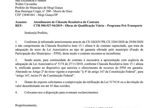 PREFEITURA OFICIA A CÂMARA SOBRE PRAZO DE 45 DIAS PARA ADEQUAÇÃO DA LEI AUTORIZATIVA DO PROJETO DE MOBILIDADE URBANA