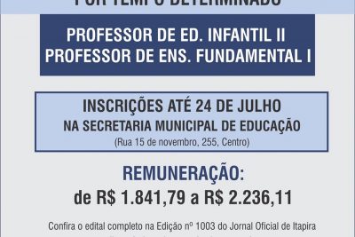 Prefeitura abre processo seletivo para contratação temporária de Professor de Educação Infantil e Ensino Fundamental
