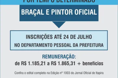 Prefeitura abre processos seletivos temporários para Pintor Oficial e Braçal