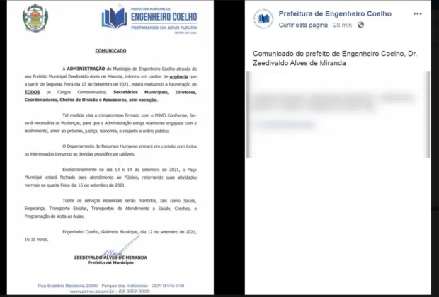 Prefeito de Engº Coelho exonera comissionados para reforma administrativa