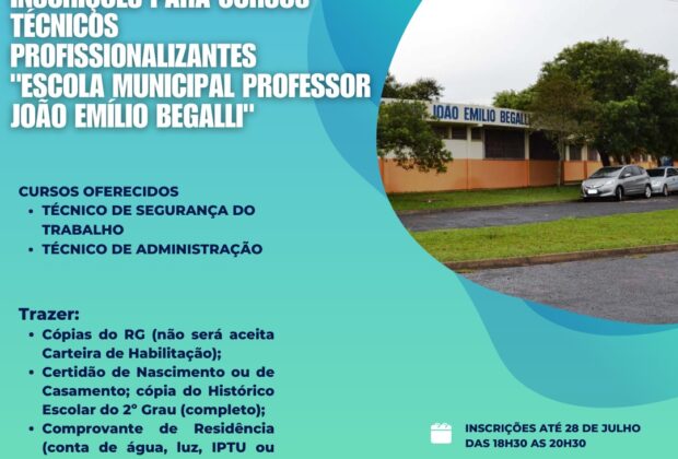 Estão abertas as inscrições para cursos profissionalizantes da “Escola Municipal Professor João Emílio Begalli”