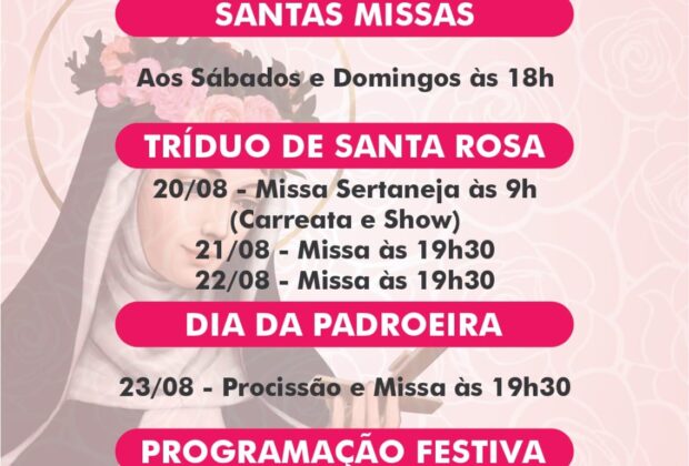 43ª Festa em Louvor a Santa Rosa de Lima acontece de 05 a 23 de agosto, no Jardim Andrade