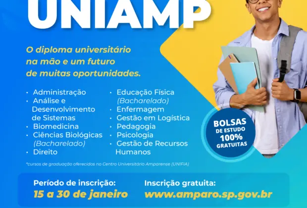 Estão abertas as inscrições para a Programa de Bolsas Universitárias da Prefeitura de Amparo