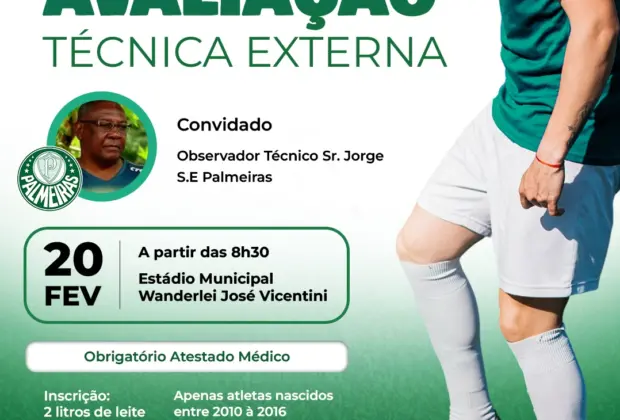 Palmeiras realizará “Avaliação Técnica” em Pedreira para jovens nascidos entre 2010 e 2016