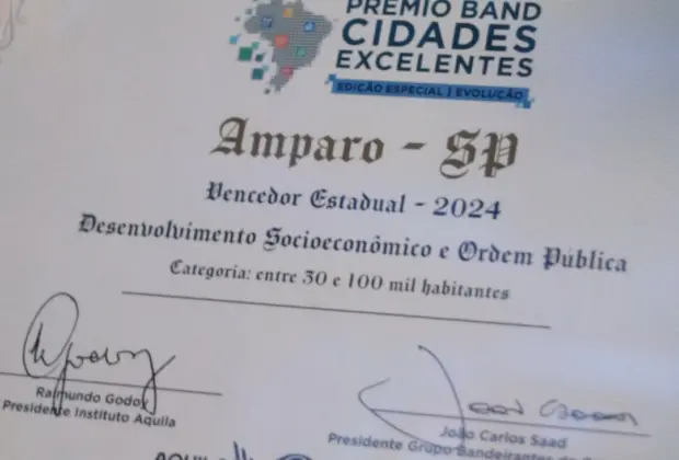 Amparo recebe Prêmio Band Cidades Excelentes pelas ações em desenvolvimento socioeconômico e ordem pública