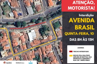 ATENÇÃO, MOTORISTA! INTERDIÇÃO NA AVENIDA BRASIL, NESTA QUINTA-FEIRA, DIA 10