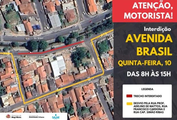 ATENÇÃO, MOTORISTA! INTERDIÇÃO NA AVENIDA BRASIL, NESTA QUINTA-FEIRA, DIA 10