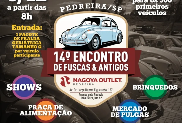 14º Encontro de Fuscas e Antigos de Pedreira acontece no dia 08 de dezembro, no Nagoya Outlet