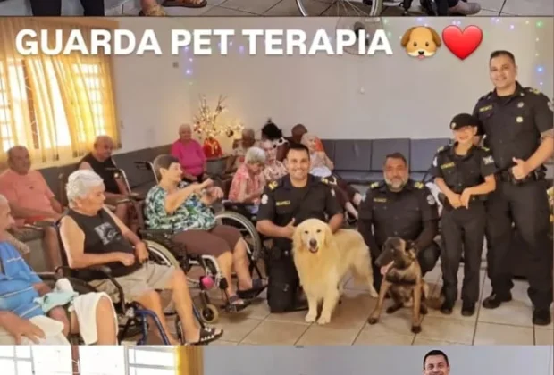 Guarda Municipal de Artur Nogueira leva alegria e bem-estar aos idosos da Aidan com Projeto Guarda Pet Terapia