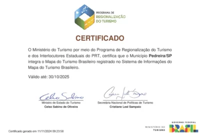 Pedreira é certificada no Mapa do Turismo Brasileiro do Ministério do Turismo