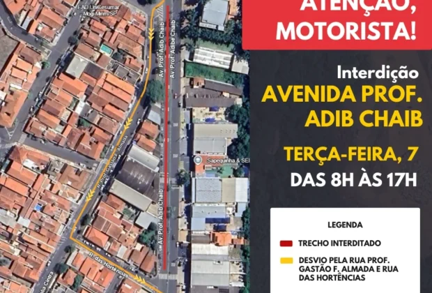 Interdição parcial da avenida Adib Chaib nesta terça-feira, 7