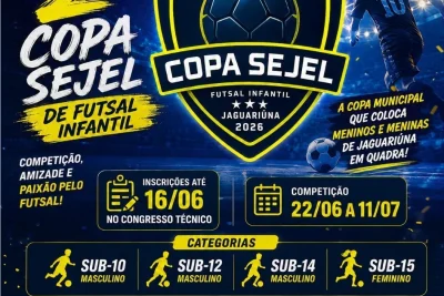 PREFEITURA DE JAGUARIÚNA ABRE INSCRIÇÕES PARA A 2ª COPA SEJEL DE FUTSAL INFANTIL