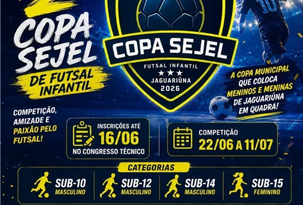 PREFEITURA DE JAGUARIÚNA ABRE INSCRIÇÕES PARA A 2ª COPA SEJEL DE FUTSAL INFANTIL