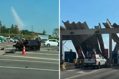Carro bate em estrutura de pedágio na SP-340 e deixa três pessoas feridas