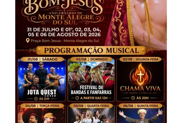 Shows prometem animar a 153ª Festa em Louvor ao Senhor Bom Jesus e Aniversário de Monte Alegre do Sul
